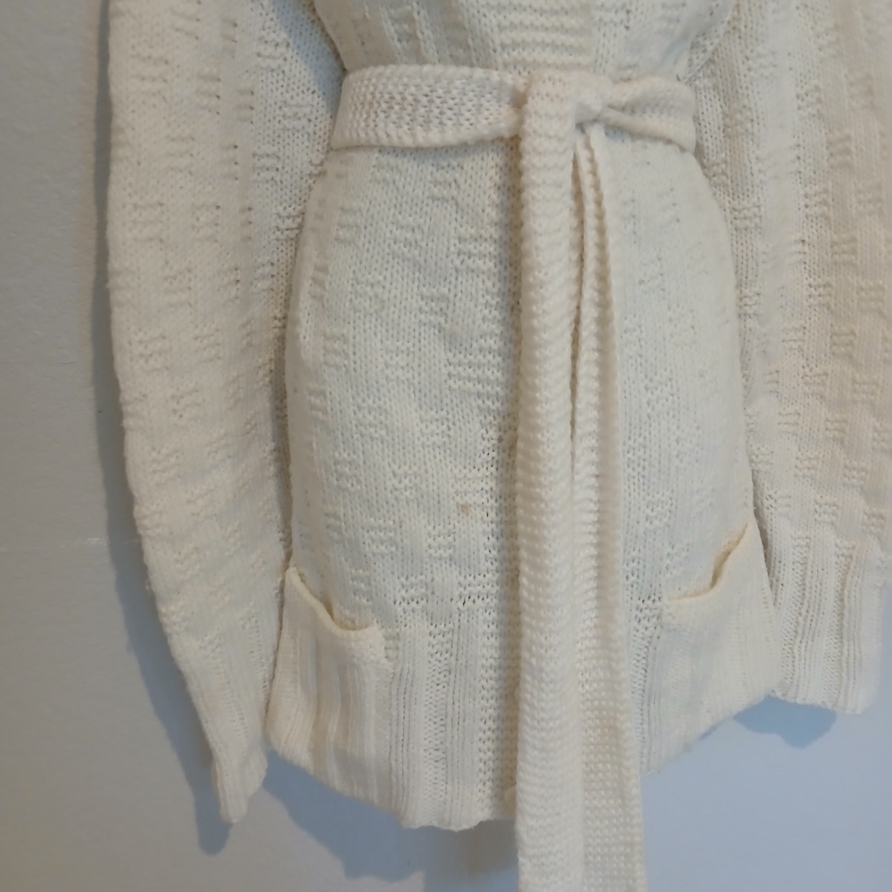 Cozy Ivory Cream Belted Crochet Knit Long Cardigan Dustet Sweater Size XL - Picture 3 of 7